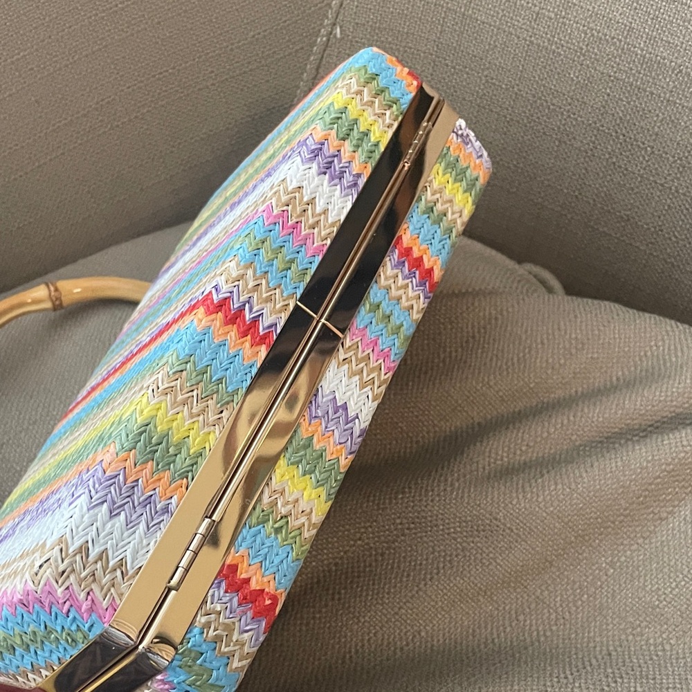 Multicolor Zigzag Pattern Clutch With Bamboo Hand… - image 5